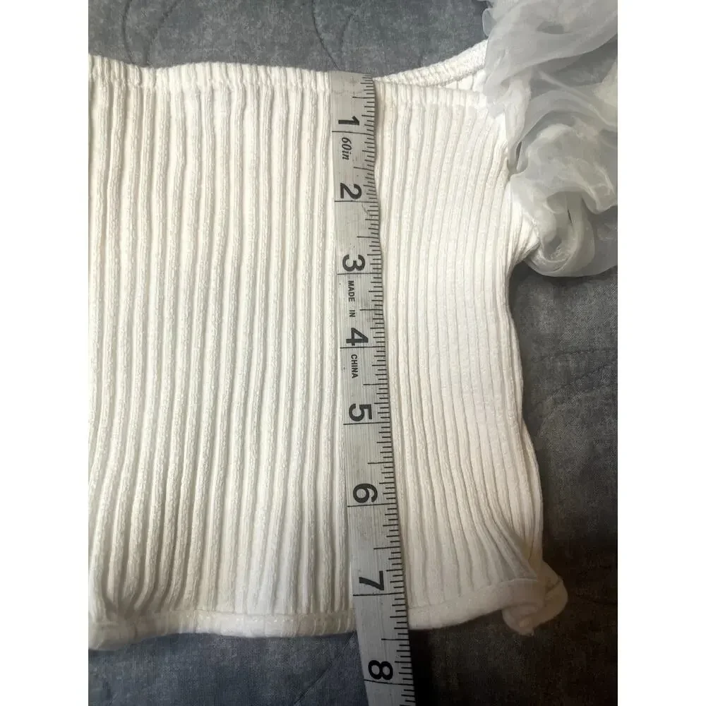 Zara White Ribbed Knit Organza Sheer Puff Sleeve Crop Top Blouse Size Small